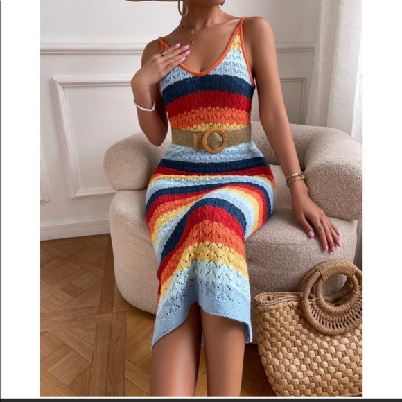 Boho Rainbow Color Block Knit Cami Crochet Maxi Dress WITHOUT BELT - Picture 7 of 9
